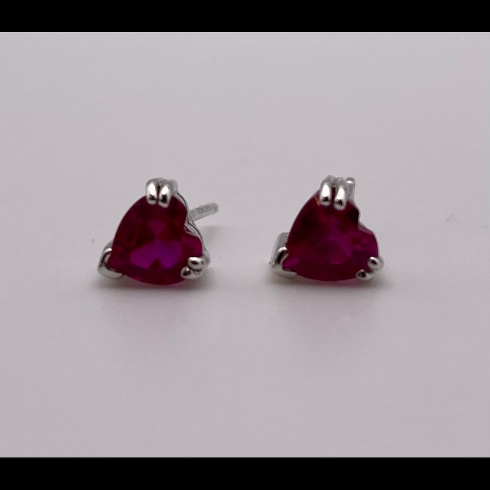 10k Solid White Gold Ruby Heart Stud Earrings - image 1